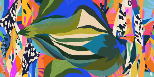 Artistic exotic colourful botanical pattern. Unique abstract collage print. Fashionable template for design. 