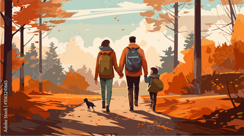 Flat illustration of family on a walk. Spending time together with family.
