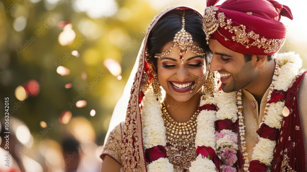 An Indian bride and groom dressed in traditional An Indian bride and groom dressed in traditional