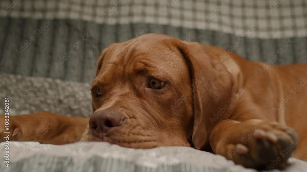 A cute Dogue de Bordeaux puppy lies adorably on a couch, capturing a moment of relaxation and charm in a cozy home setting A cute Dogue de Bordeaux puppy lies adorably on a couch, capturing a moment of relaxation and charm in a cozy home setting