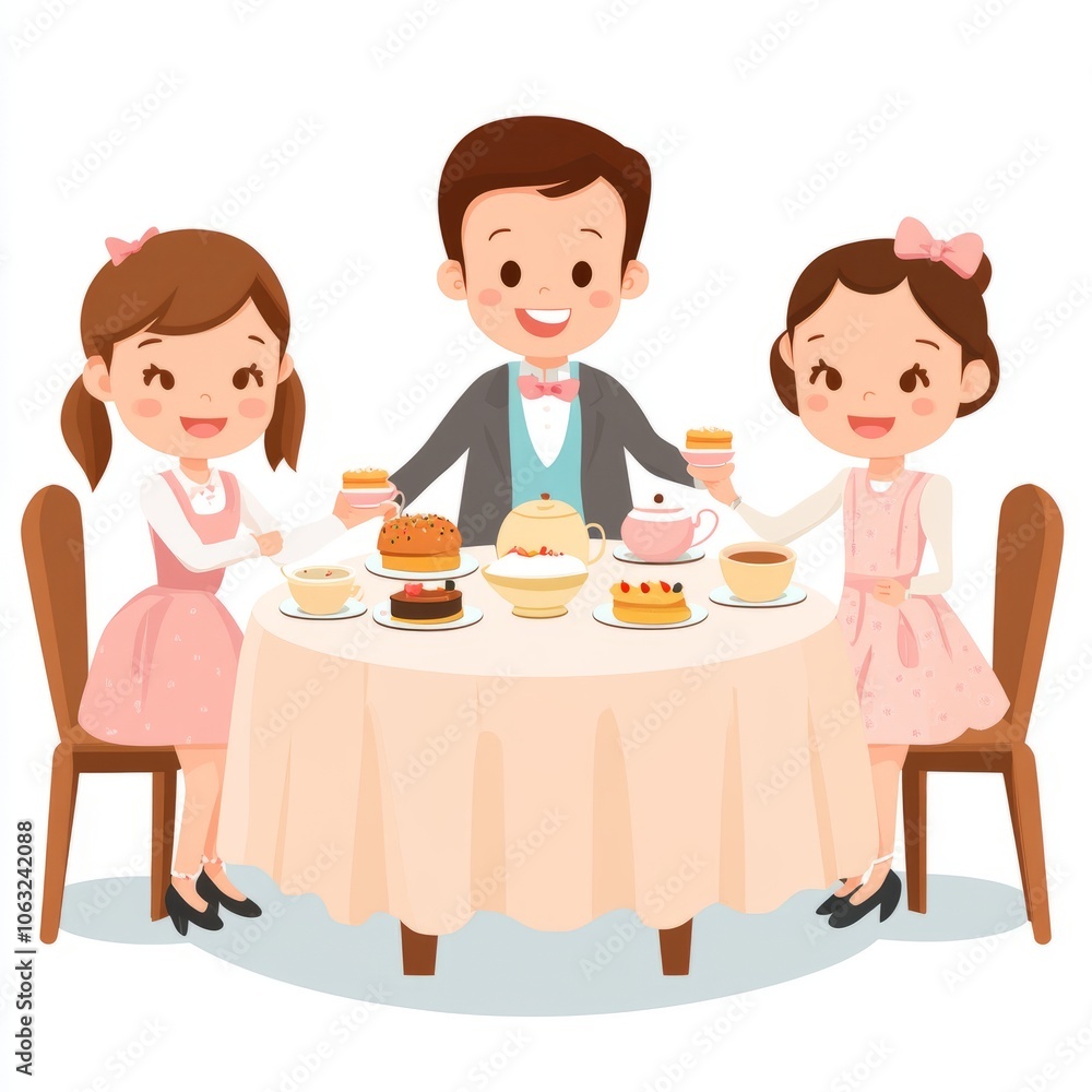 A family enjoying a tea party with desserts at a table. A family enjoying a tea party with desserts at a table.