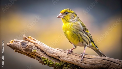 A gray background contrasts with a canary perched precariously on a brittle branch.