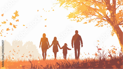 Flat illustration of family on a walk. Spending time together with family.