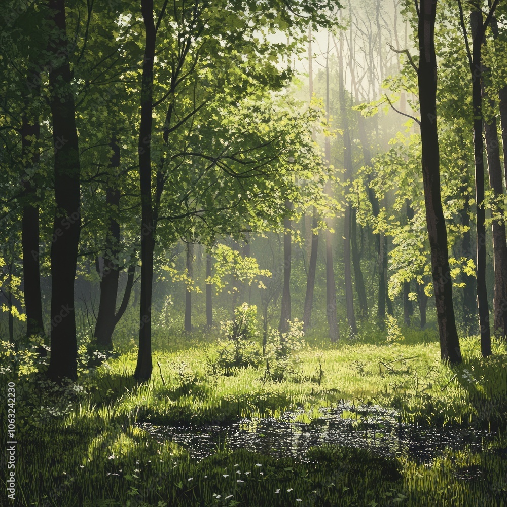 Spring forest glade with new foliage and early morning dew Spring forest glade with new foliage and early morning dew