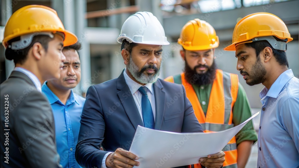 An Indian inspector leading a meeting with construction workers on a site, pointing at blueprints. An Indian inspector leading a meeting with construction workers on a site, pointing at blueprints.