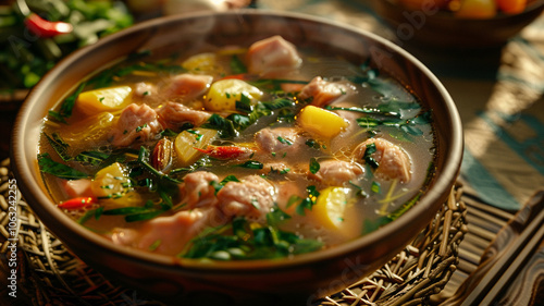 A warm dish of Filipino sinigang, brimming with the bold flavors of tamarind and pork, ideal for a cozy dinner