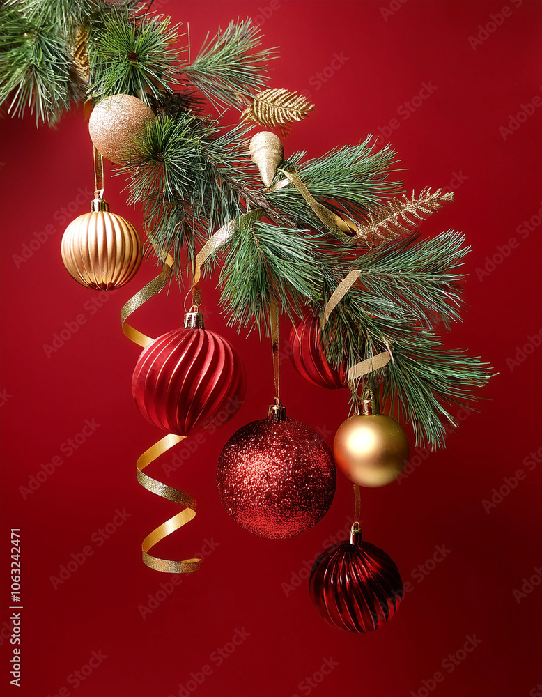 Christmas garland with red and gold ornaments, pine branches, and ribbons floating or flying isolated on Clean Red background Christmas garland with red and gold ornaments, pine branches, and ribbons floating or flying isolated on Clean Red background