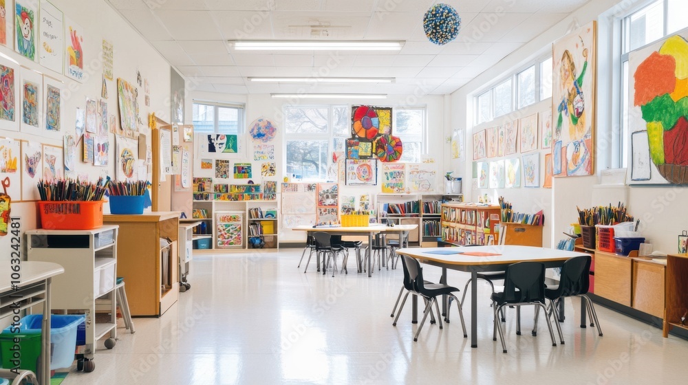 An inspiring white classroom decorated with student artwork, An inspiring white classroom decorated with student artwork,