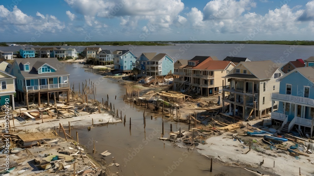 A coastal community rebuilding after being devastated by a storm surge or hurricane, depicting the resilience efforts needed to adapt to climate change impacts. Climate change. A coastal community rebuilding after being devastated by a storm surge or hurricane, depicting the resilience efforts needed to adapt to climate change impacts. Climate change.