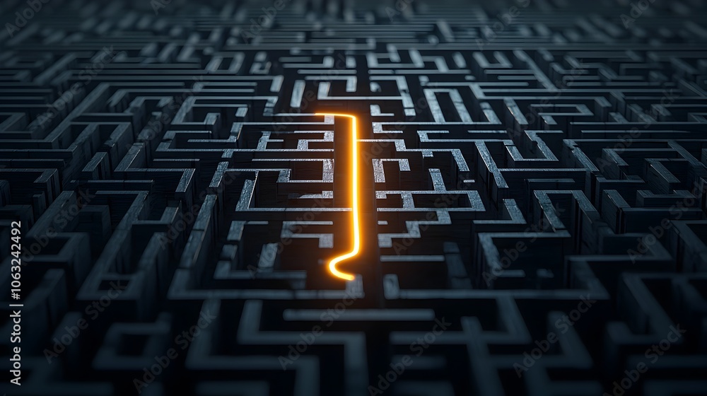 Glowing line illuminating the way through an intricate abstract maze representing finding clear solutions and achieving success despite challenges Glowing line illuminating the way through an intricate abstract maze representing finding clear solutions and achieving success despite challenges