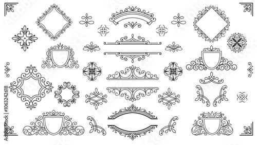 Vintage calligraphic frame, border and corner elements set. Outline hand drawn antique elements line icons, design with flourish vignette for decoration. Retro accent for text icon vector illustration