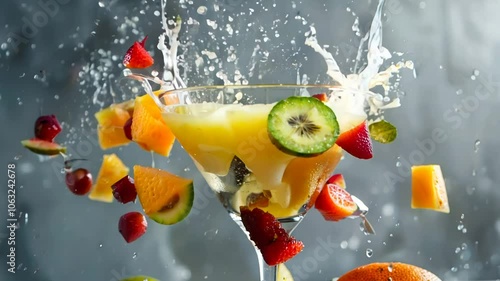 Fruit tropical cocktail and flying splashes photo