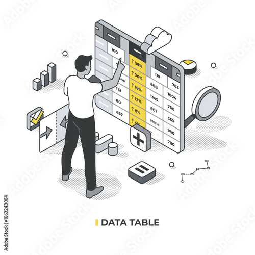 Data table analyst tool. Analyst is sorting, filtering data columns. One of the analysis tools. Database management, data structure, data analysis