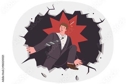 Business man escapes bad job through hole in wall, wishing for better opportunities for development