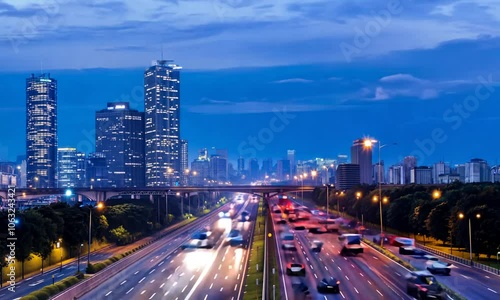 Time-lapse of a busy highway in a bustling city
