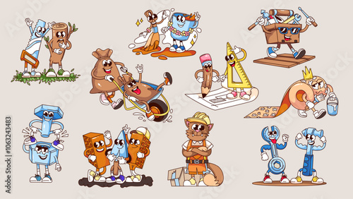 Groovy building materials and tools cartoon characters set. Funny retro building process stickers, construction and maintenance works mascots, cartoon collection of 70s 80s style vector illustration
