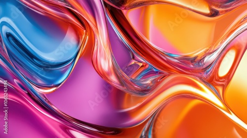 Glass fluid shapes with colorful reflections composition.