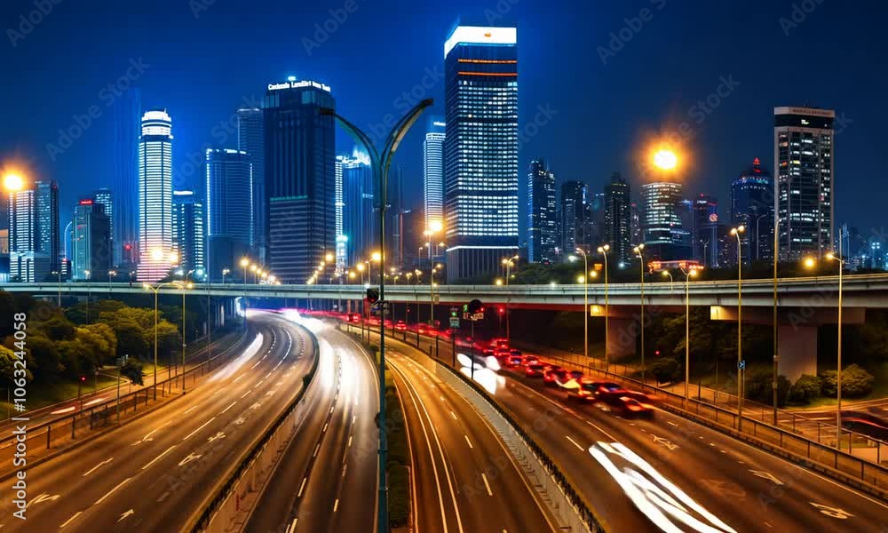 Time-lapse of a busy highway in a bustling city Time-lapse of a busy highway in a bustling city