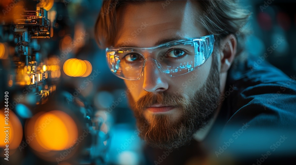 Male engineer using artificial intelligence to design micro electronics in the lab Male engineer using artificial intelligence to design micro electronics in the lab