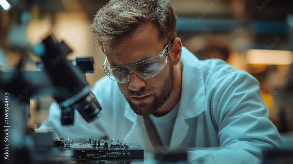 Fototapeta premium Male engineer using artificial intelligence to design micro electronics in the lab