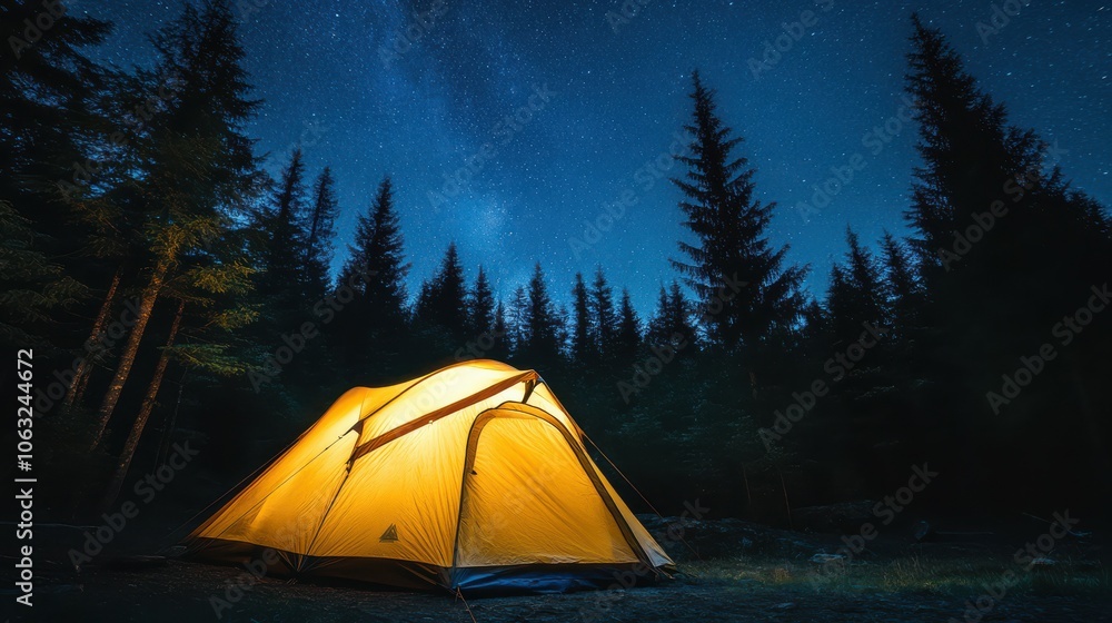 Illuminated Yellow Tent Under Starry Night Sky in Forest Field, Perfect for Stargazing, Camping Adventure, and Wilderness Experience Illuminated Yellow Tent Under Starry Night Sky in Forest Field, Perfect for Stargazing, Camping Adventure, and Wilderness Experience