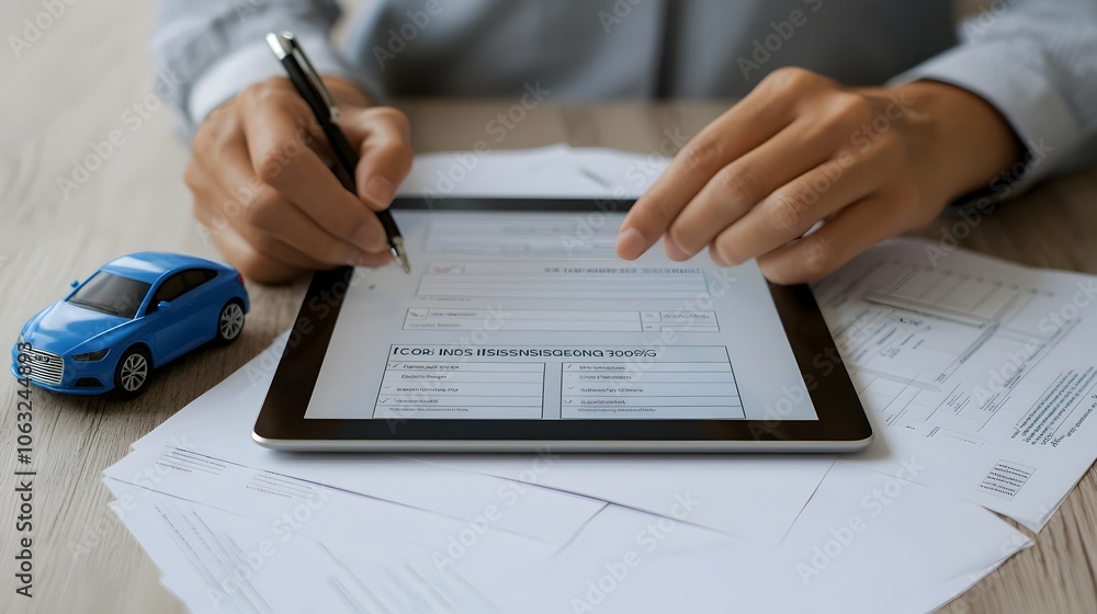 Fototapeta premium An individual examining car insurance alternatives on a digital tablet alongside paperwork and a toy vehicle model showcasing the research and decision making process for automobile coverage