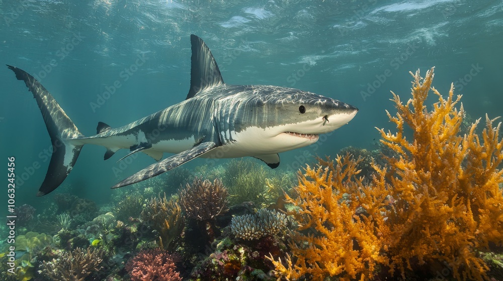 Fototapeta premium Great white shark gliding through shallow ocean waters, surrounded by a stunning array of colorful corals