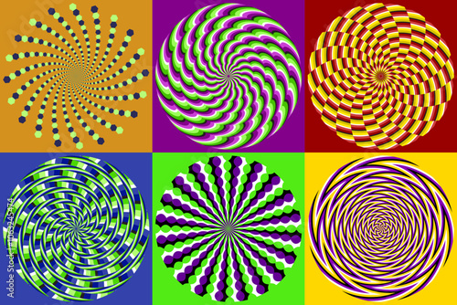 Vector set of circular striped and spiral patterns. Colorful circles with optical illusion of moving. Templates for background design.