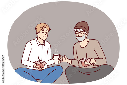 Successful man is having lunch with homeless person treating needy person with food for concept of social inequality. Homeless man asks for advice about businessman in hope of improving life
