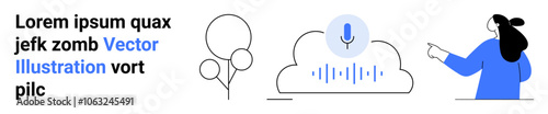 Female character in blue pointing towards cloud with microphone icon and sound wave graphics. Ideal for tech apps, voice assistants, cloud services, user guides, digital communication, software