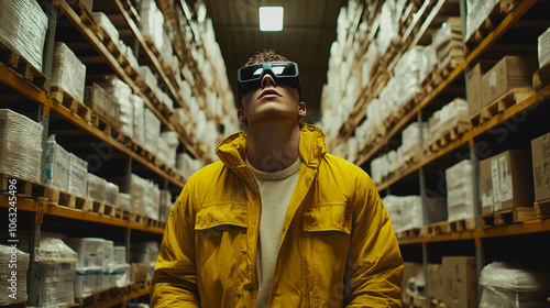 A man stands in a large, organized warehouse, wearing a yellow jacket and sunglasses. He gazes upwards, showcasing a unique blend of modern style and industrial ambiance.