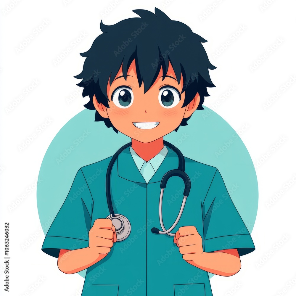 A cheerful young boy in a medical uniform holding a stethoscope. A cheerful young boy in a medical uniform holding a stethoscope.