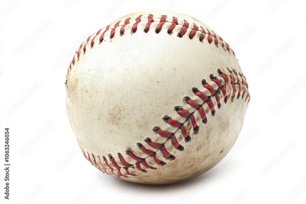 A classic baseball with visible wear and red stitching, isolated on a white background. Ideal for sports-themed content, baseball memorabilia, and American culture promotions. A classic baseball with visible wear and red stitching, isolated on a white background. Ideal for sports-themed content, baseball memorabilia, and American culture promotions.