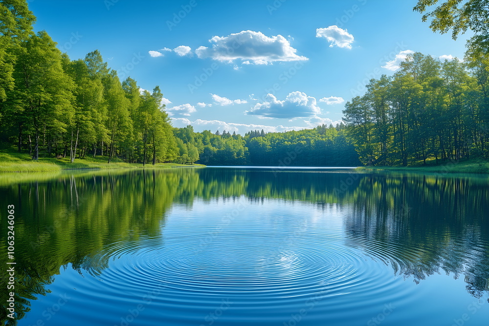 Obraz premium A calm lake reflecting a clear blue sky on a bright sunny day, with a white clouds above