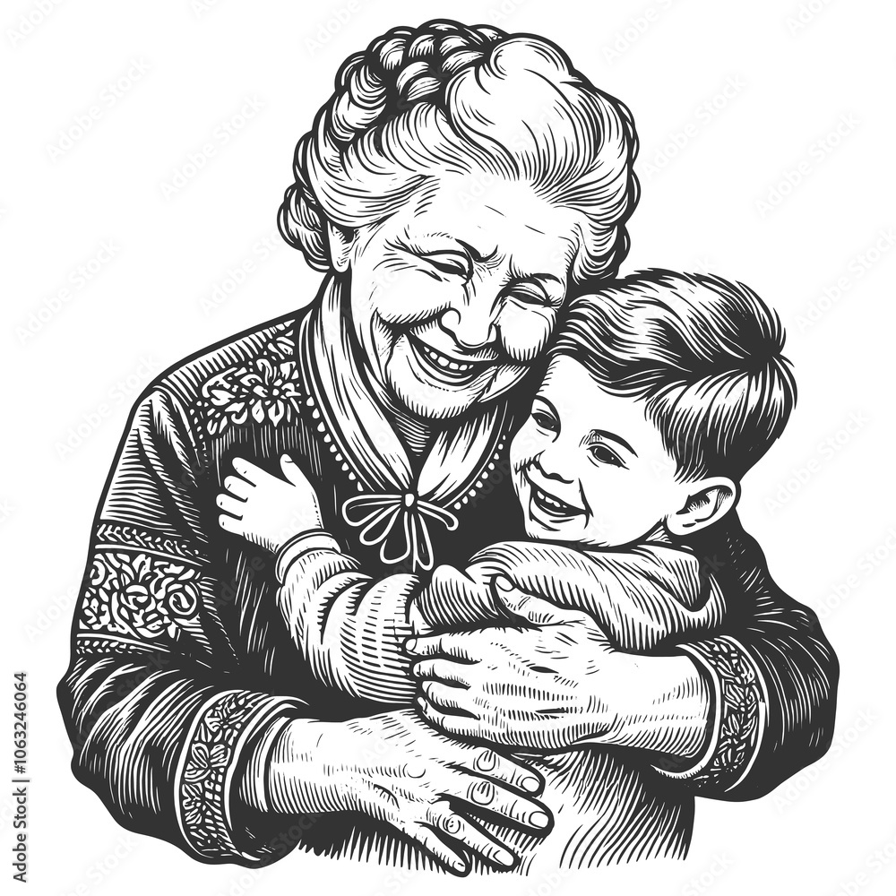 grandmother embracing her young grandson, family love and generational bond sketch engraving generative ai fictional character raster illustration. Scratch board imitation. Black and white image. grandmother embracing her young grandson, family love and generational bond sketch engraving generative ai fictional character raster illustration. Scratch board imitation. Black and white image.