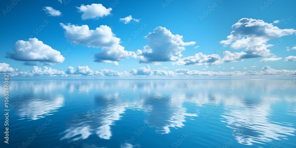 Obraz premium A calm lake reflecting a clear blue sky on a bright sunny day, with a white clouds above