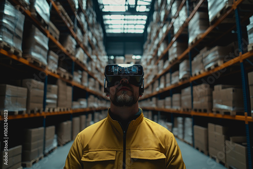 A man wearing virtual reality goggles stands in a large, organized warehouse, immersing himself in technology and exploration in a modern industrial setting.