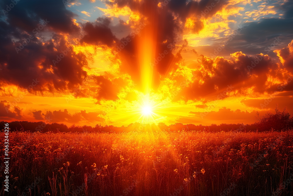A sunset with rays of sunlight through dark clouds, casting golden light over a rural landscape A sunset with rays of sunlight through dark clouds, casting golden light over a rural landscape