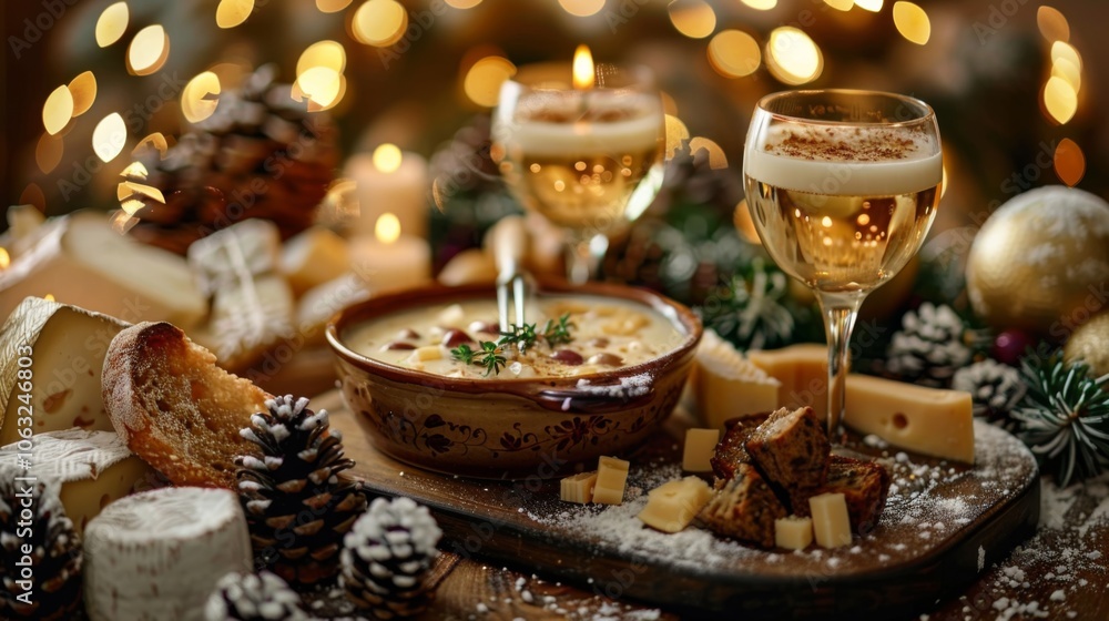 Winter season. Gourmet Swiss fondue dinner on a winter evening with assorted cheeses on a board alongside a heated pot of cheese fondue with two forks dipping bread and white wine Winter season. Gourmet Swiss fondue dinner on a winter evening with assorted cheeses on a board alongside a heated pot of cheese fondue with two forks dipping bread and white wine
