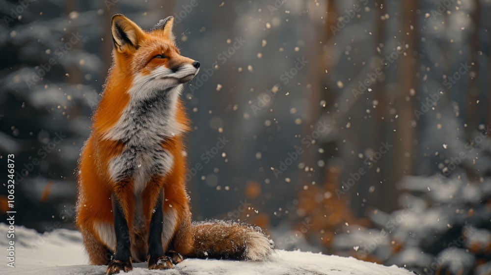 Winter season. A red fluffy fox with black paws sits against the background of a winter forest , Winter season. A red fluffy fox with black paws sits against the background of a winter forest ,