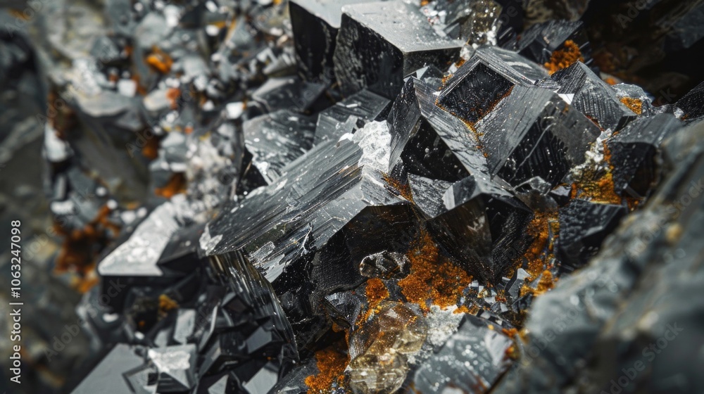 Close-up of Pyrite crystals with shiny black surface, orange mineralization patches, varying sizes and shapes. Set against beige gradient background for stark, rigid ambiance. Close-up of Pyrite crystals with shiny black surface, orange mineralization patches, varying sizes and shapes. Set against beige gradient background for stark, rigid ambiance.