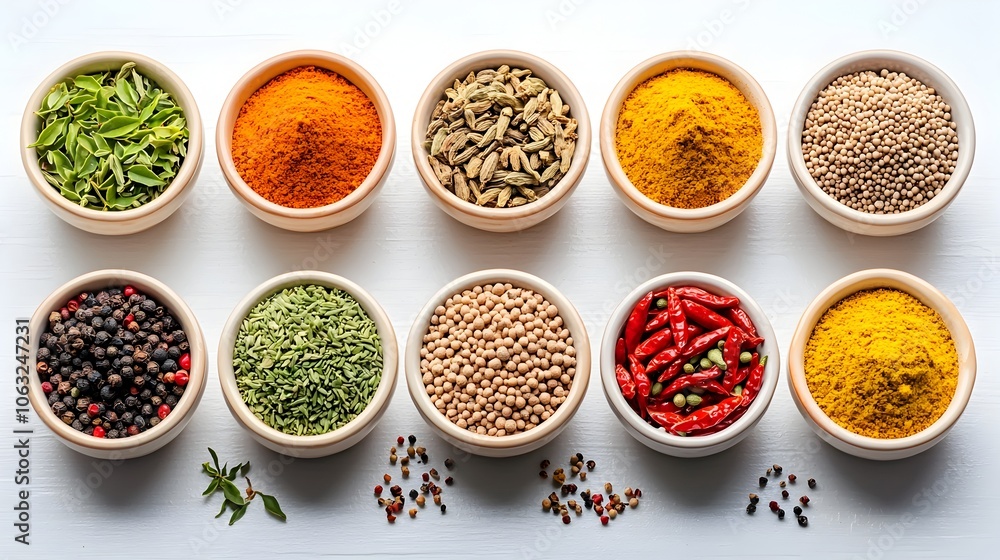 Visually appealing arrangement of an assortment of vibrant and flavorful spices such as cumin chili and turmeric displayed in small ceramic bowls Visually appealing arrangement of an assortment of vibrant and flavorful spices such as cumin chili and turmeric displayed in small ceramic bowls