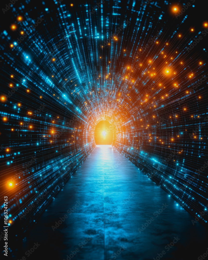 Obraz premium Experience a stunning futuristic digital cityscape with enchanting lights. This vibrant tunnel of colors showcases innovation and creativity in an abstract form.