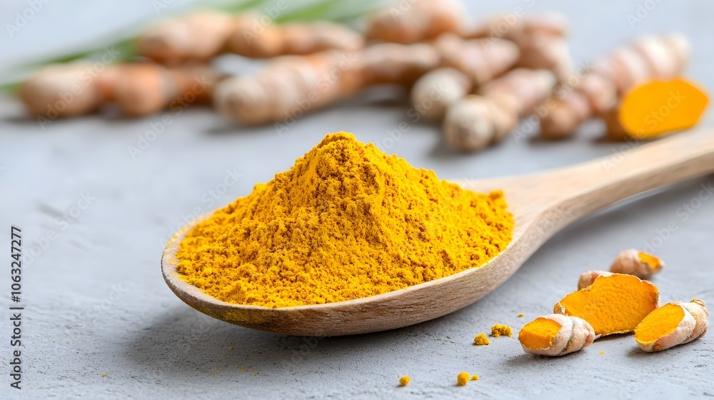 Closeup of Vibrant Turmeric Powder Spice in a Rustic Wooden Spoon on a Simple Background Turmeric is a Key Ingredient in Indian and Asian Cuisine Known for its Bright Color Earthy Flavor Closeup of Vibrant Turmeric Powder Spice in a Rustic Wooden Spoon on a Simple Background Turmeric is a Key Ingredient in Indian and Asian Cuisine Known for its Bright Color Earthy Flavor