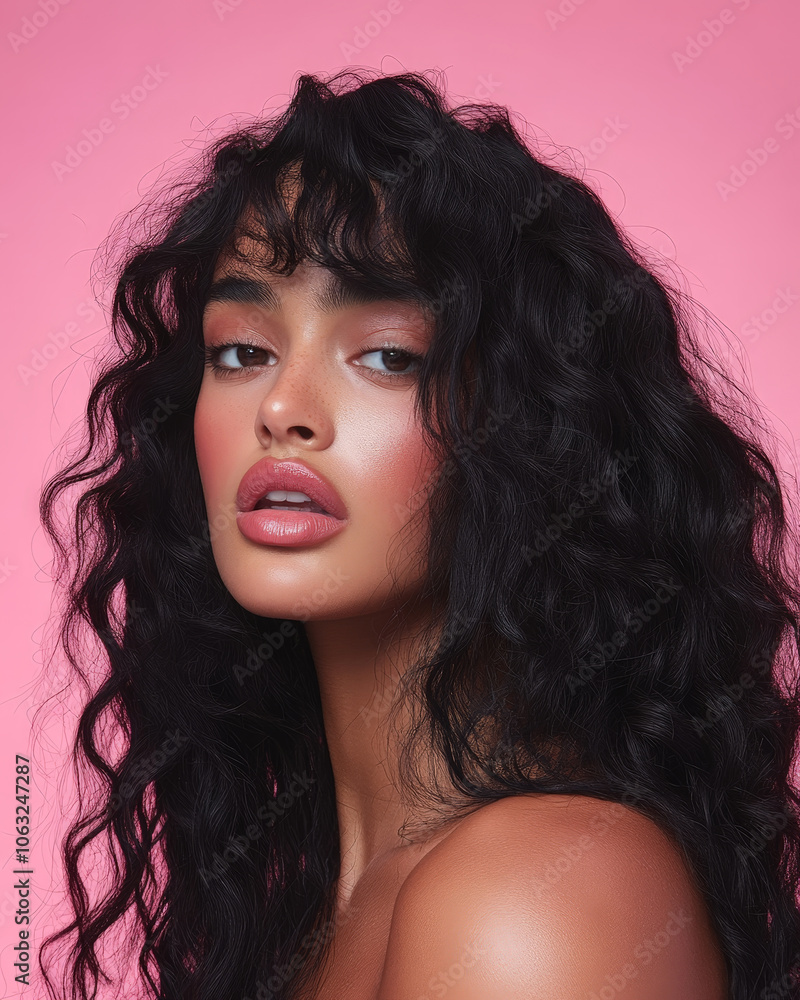 Close up portrait model with voluminous curly hair and soft makeup, set against a vibrant pink background Close up portrait model with voluminous curly hair and soft makeup, set against a vibrant pink background