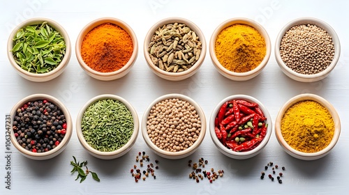 Visually appealing arrangement of an assortment of vibrant and flavorful spices such as cumin chili and turmeric displayed in small ceramic bowls