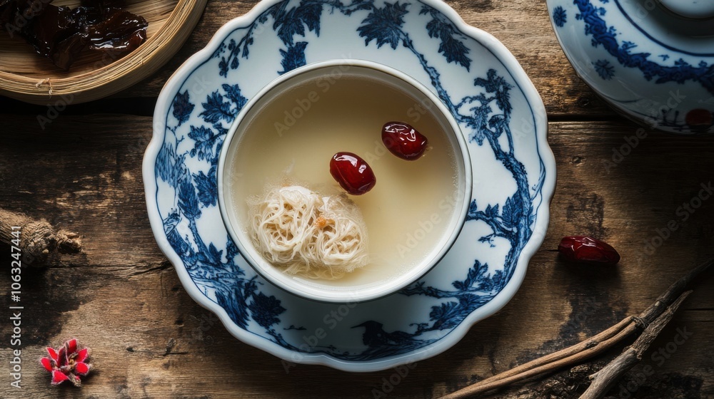 Traditional bird s nest soup served in a Chinese porcelain bowl, Traditional bird s nest soup served in a Chinese porcelain bowl,