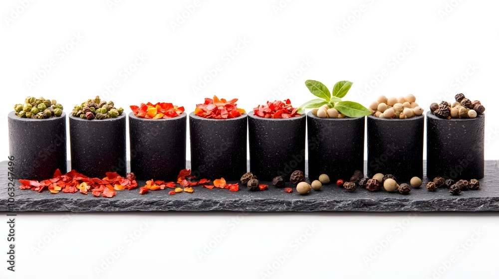 Closeup of a mix of bright red chili flakes and whole peppercorns artfully arranged on a rustic slate stone surface creating a visually appealing and textured still life composition Closeup of a mix of bright red chili flakes and whole peppercorns artfully arranged on a rustic slate stone surface creating a visually appealing and textured still life composition