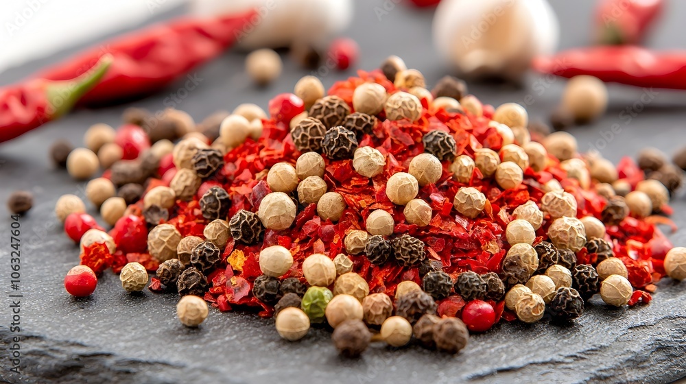 Closeup of a mix of bright red chili flakes and peppercorns arranged on a rugged slate stone surface creating a vibrant textured and culinary inspired abstract background Closeup of a mix of bright red chili flakes and peppercorns arranged on a rugged slate stone surface creating a vibrant textured and culinary inspired abstract background