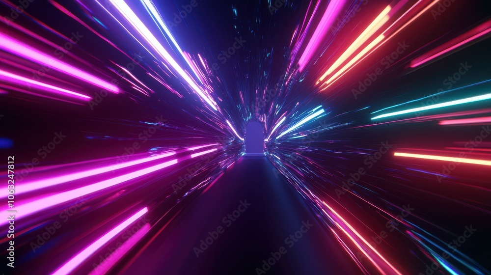 Hyperjump in space. Tunnel with neon arcs, Multicolored glowing neon rays. High speed tunnel motion zooming in